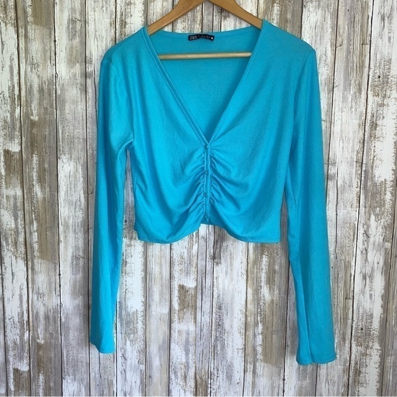 Zara Tops - Zara Blue Ruched Crop Top Long Sleeve Stretch Fitted Y2K Coquette Size L